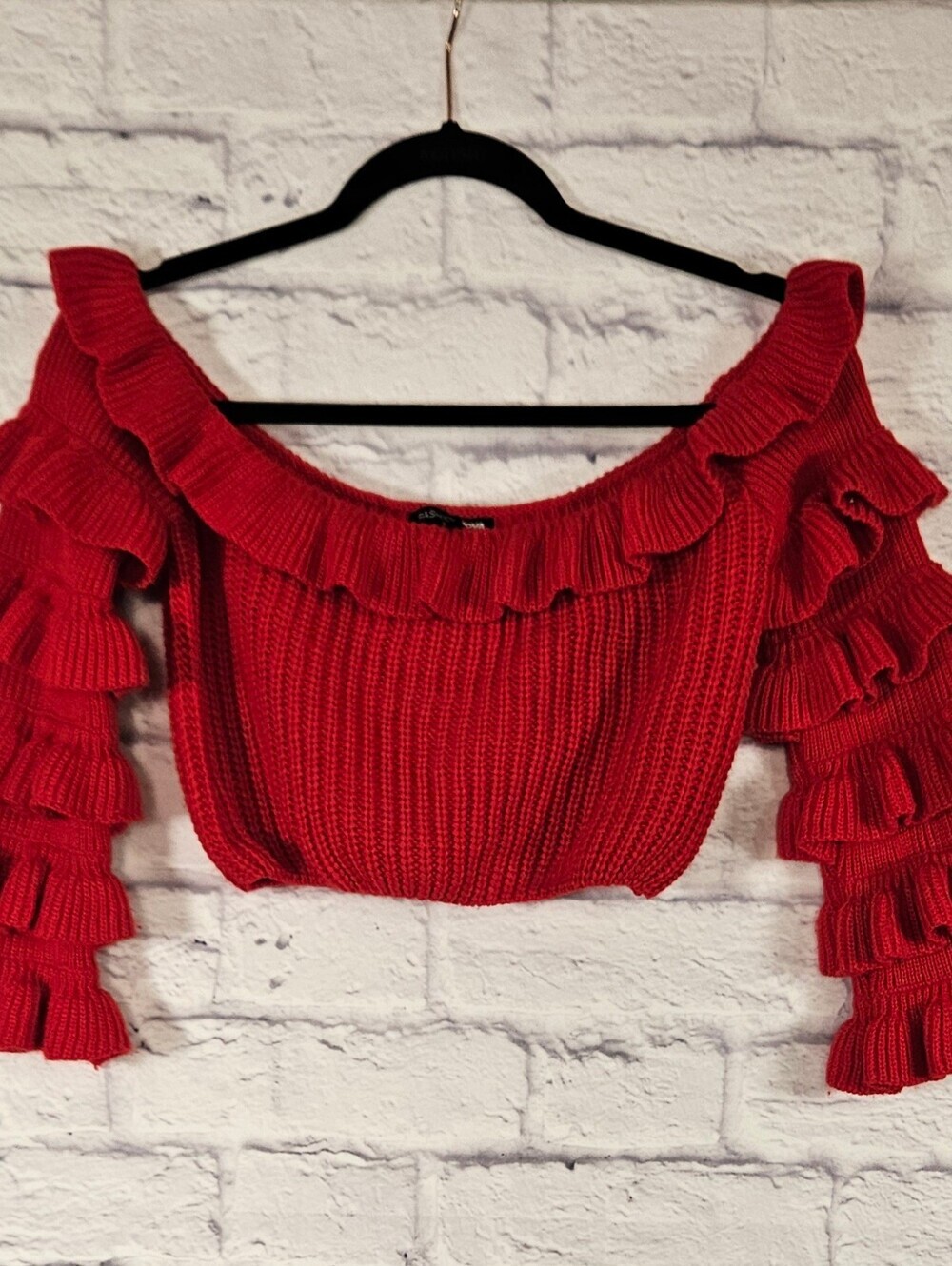 Fashion Nova Red Off Shoulder Ruffle Sleeve Knit Crop Sweater Top L - Picture 2 of 9